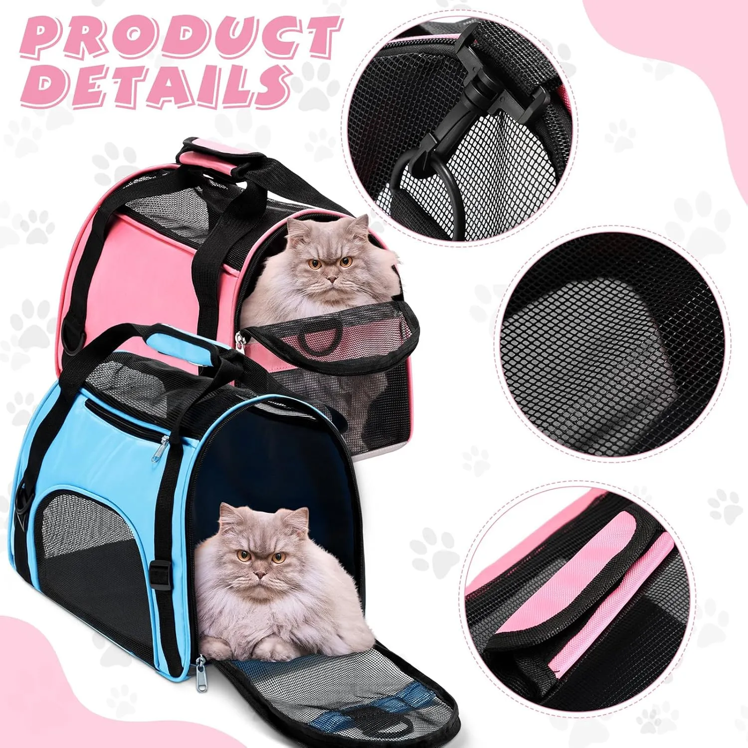 2 Pcs Pet Carrier, Soft Sided Pet Travel Carrier for Cats, Airline Approved Kitty Portable Dog Bags for Traveling Little Dogs, Rabbits, Puppy, Cat(S,Pink, Blue)
