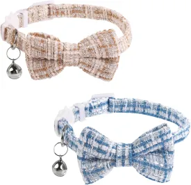 2pcs Cat Collars Breakaway, Cloth Detachable Cat Collar with Tie and Bell Adjustable Plaid Cat Collar with Bow Bells Safety Kitten Supplies for Male and Female Cats(Beige, Blue)