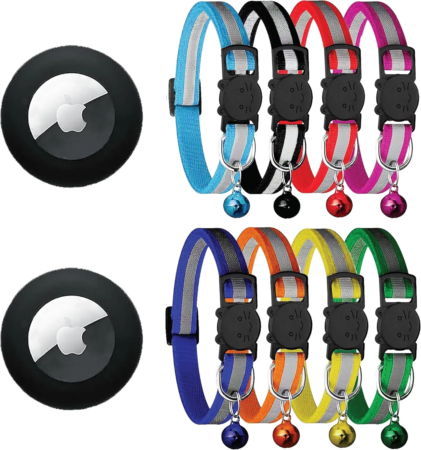 8 Breakaway Cat Collars Bulk with Bells and 2 Waterproof Airtag Holders, Reflective Cat Collar Airtag Holder, Safety Buckle, Adjustable Fit for Kittens and Cats, 6 inch to 13 inches