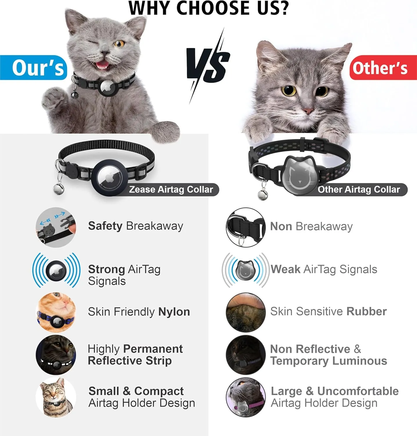 8 Breakaway Cat Collars Bulk with Bells and 2 Waterproof Airtag Holders, Reflective Cat Collar Airtag Holder, Safety Buckle, Adjustable Fit for Kittens and Cats, 6 inch to 13 inches