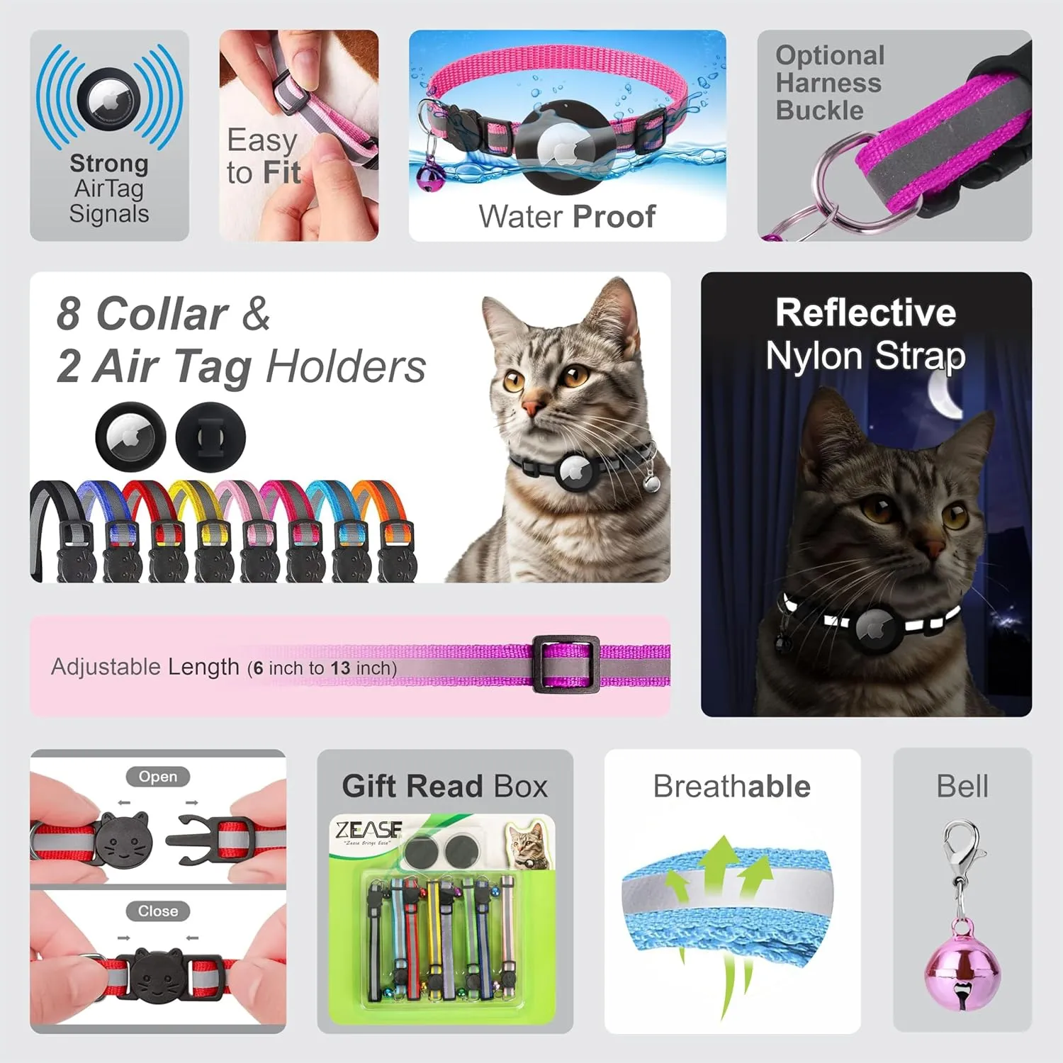 8 Breakaway Cat Collars Bulk with Bells and 2 Waterproof Airtag Holders, Reflective Cat Collar Airtag Holder, Safety Buckle, Adjustable Fit for Kittens and Cats, 6 inch to 13 inches