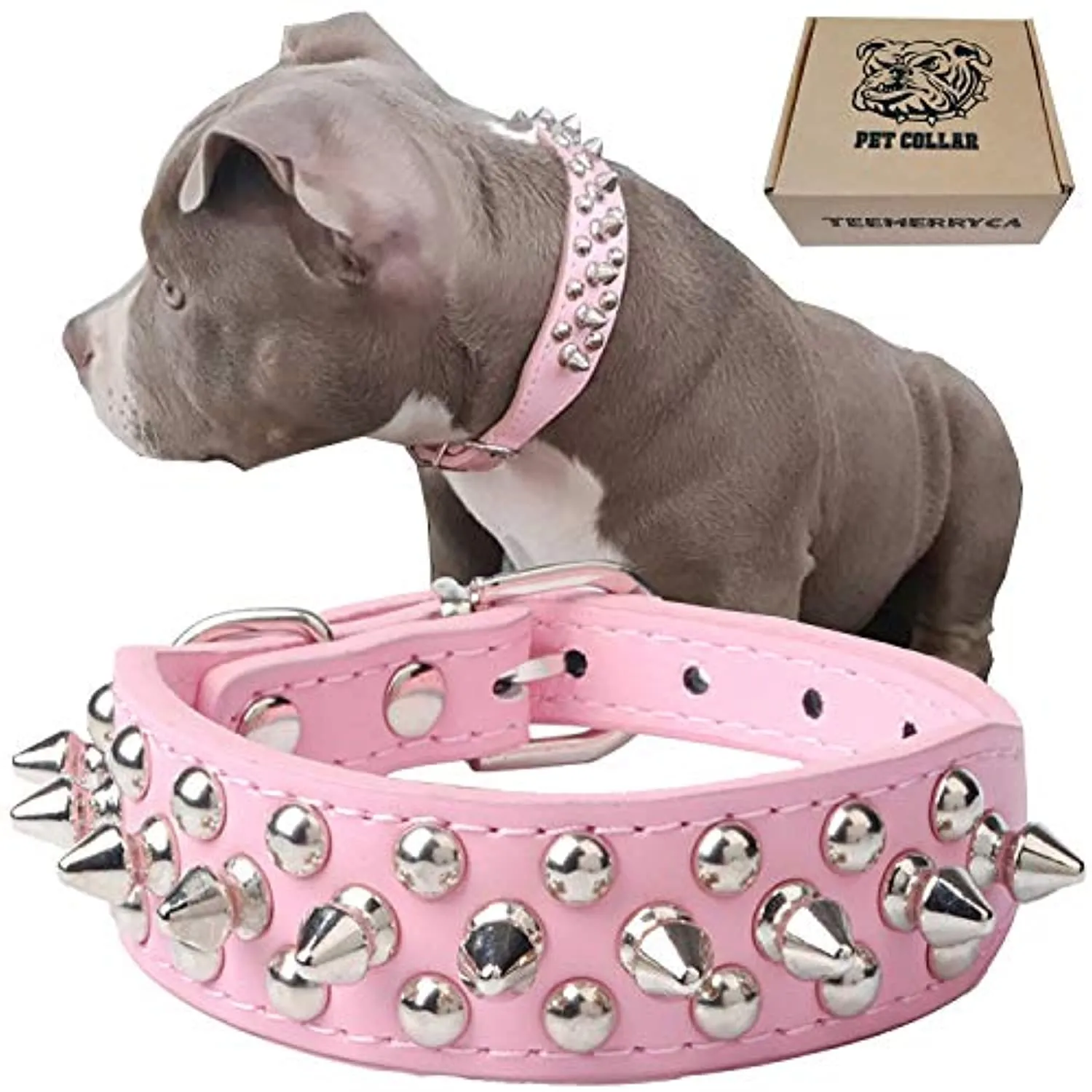 Adjustable Leather Spiked Studded Dog Collars with a Squeak Ball