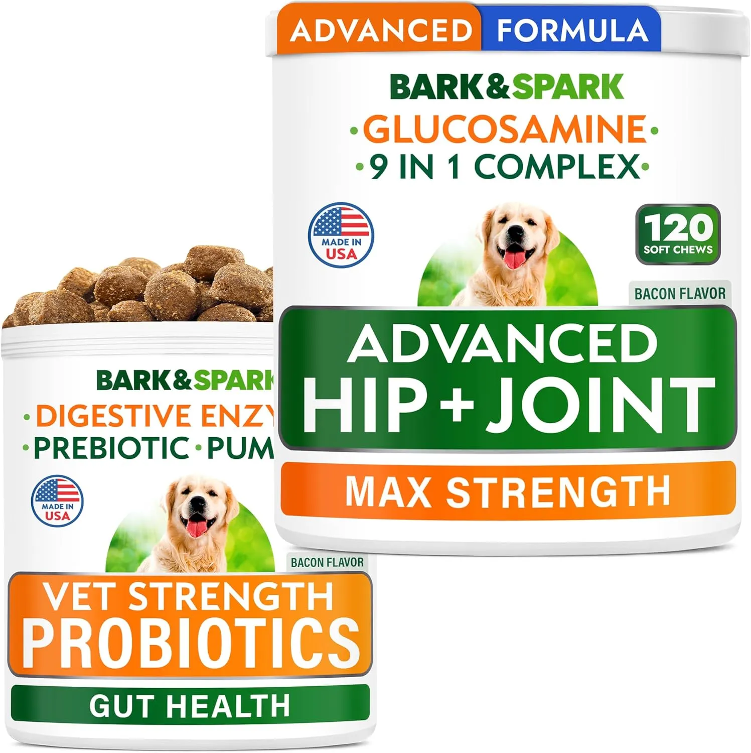 Advanced Glucosamine Chondroitin   Vet Strength Dog Probiotics for Digestive Health - Hip Joint Pain Relief - Digestive Enzymes & Gas, Diarrhea, Constipation Relief Supplement - Made in USA