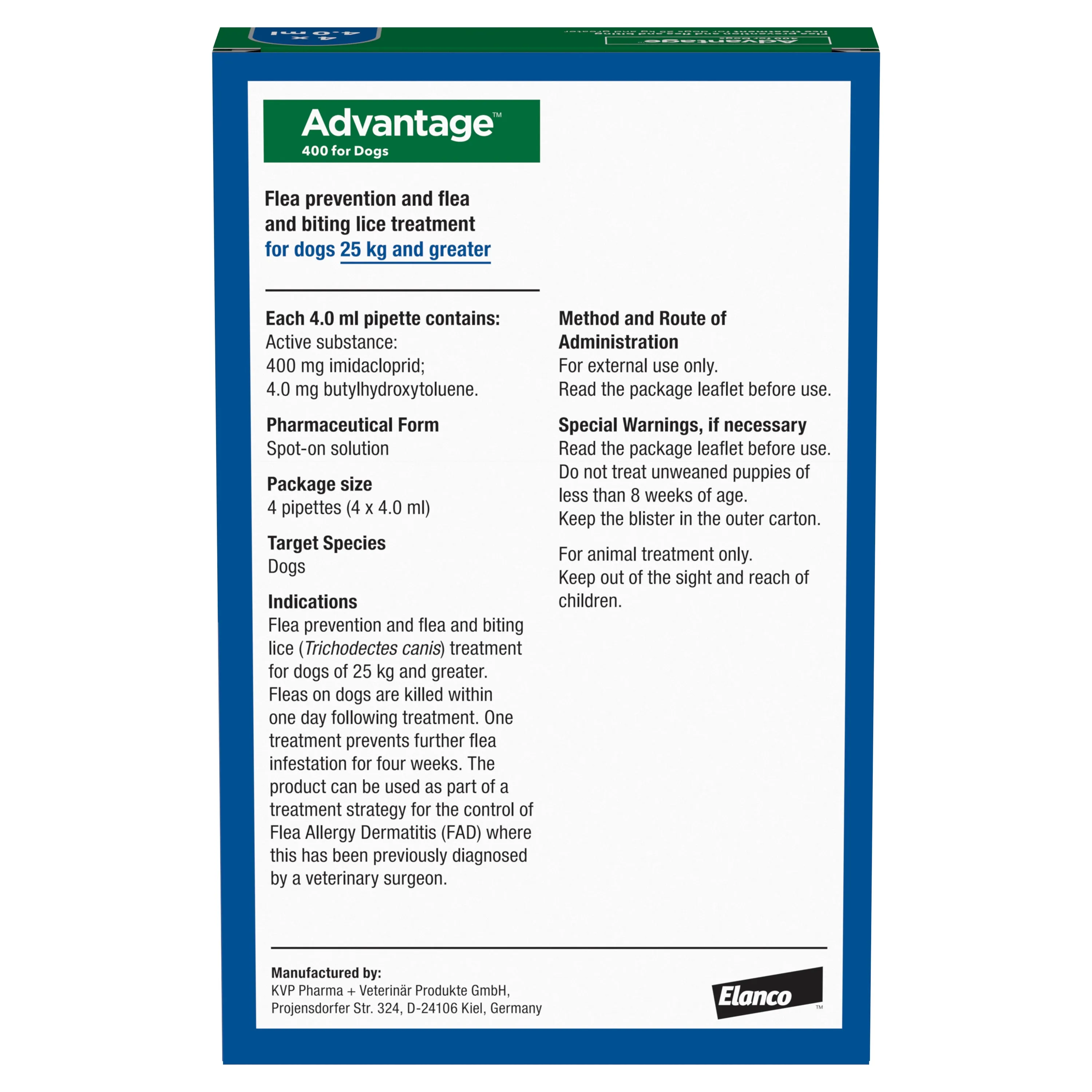 Advantage 400 Spot On Flea Control - Extra Large Dogs 25-40kg (4 Pipettes)