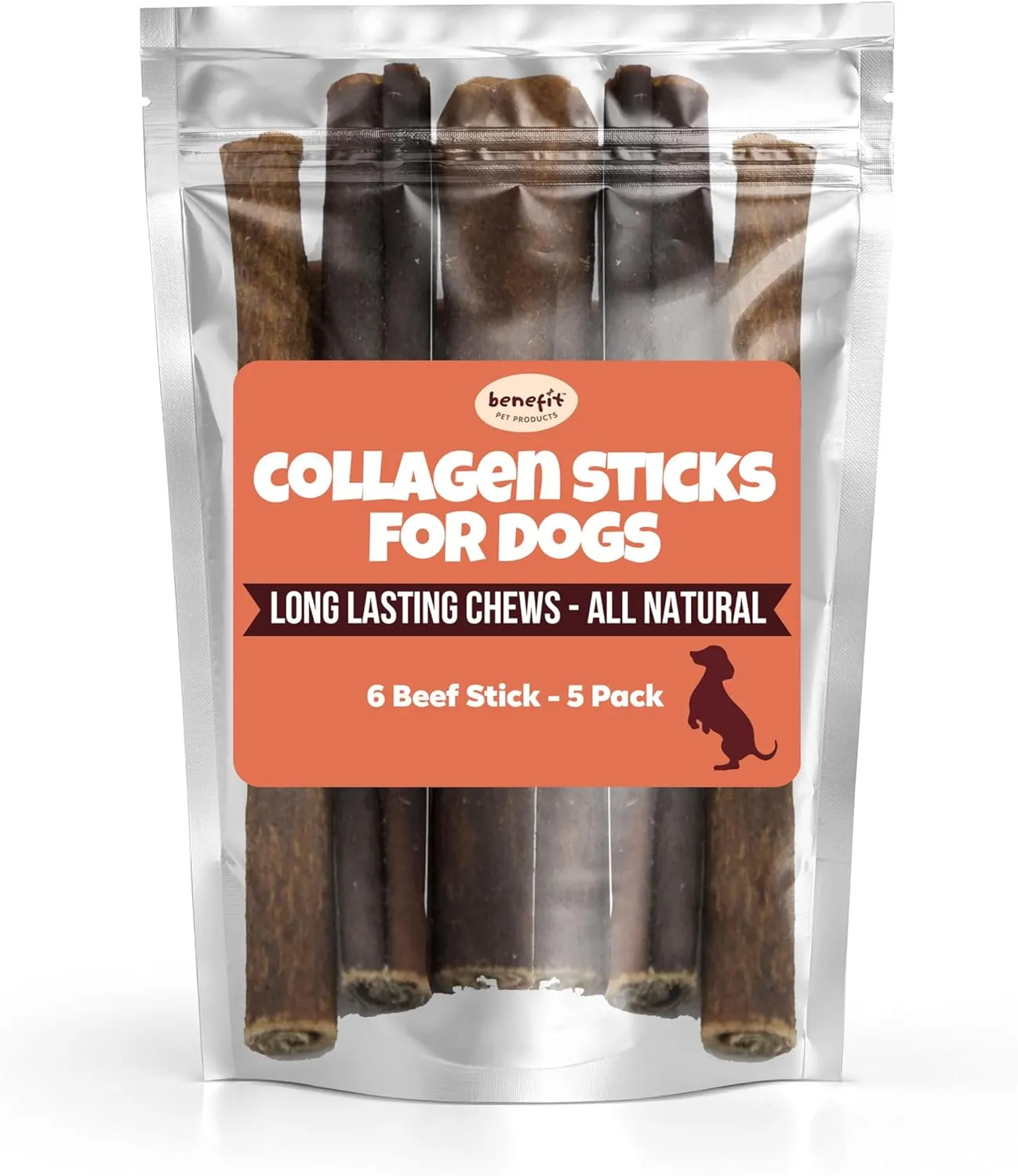 Benefit Pet Products Collagen Sticks for Dogs - Single Ingredient Dog Treat, Rawhide Free, Collagen Chews for Dogs, Long Lasting Dog Chew, Alternative to Bully Sticks (6 inch, 5 Sticks)