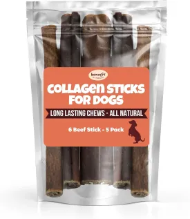 Benefit Pet Products Collagen Sticks for Dogs - Single Ingredient Dog Treat, Rawhide Free, Collagen Chews for Dogs, Long Lasting Dog Chew, Alternative to Bully Sticks (6 inch, 5 Sticks)