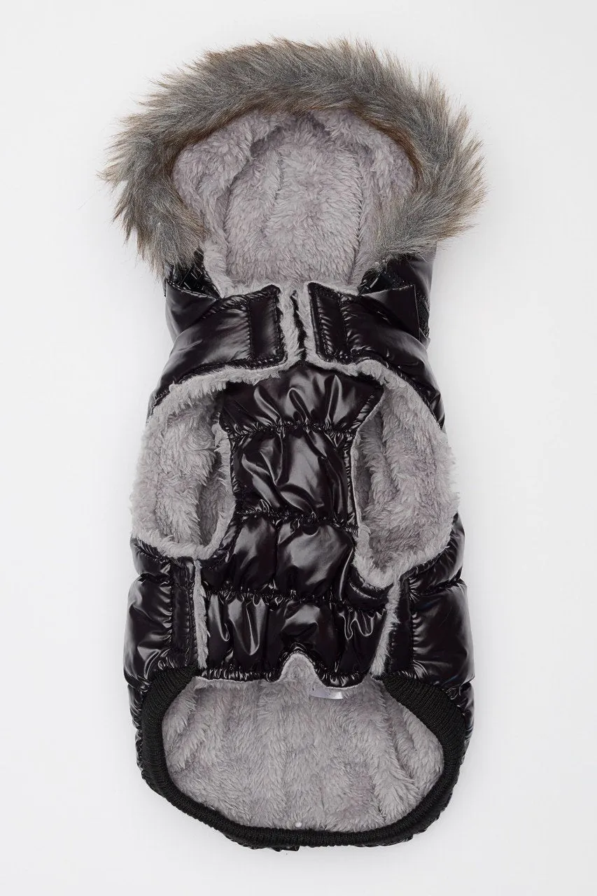 Black Winter Dog Jacket with Hood - Hip Doggie Elite Reflective Coat - Black