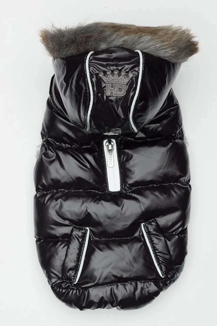 Black Winter Dog Jacket with Hood - Hip Doggie Elite Reflective Coat - Black
