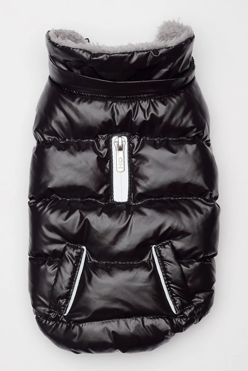 Black Winter Dog Jacket with Hood - Hip Doggie Elite Reflective Coat - Black