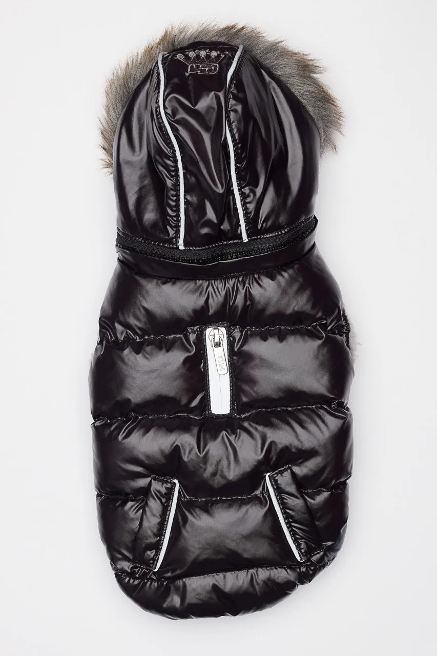 Black Winter Dog Jacket with Hood - Hip Doggie Elite Reflective Coat - Black