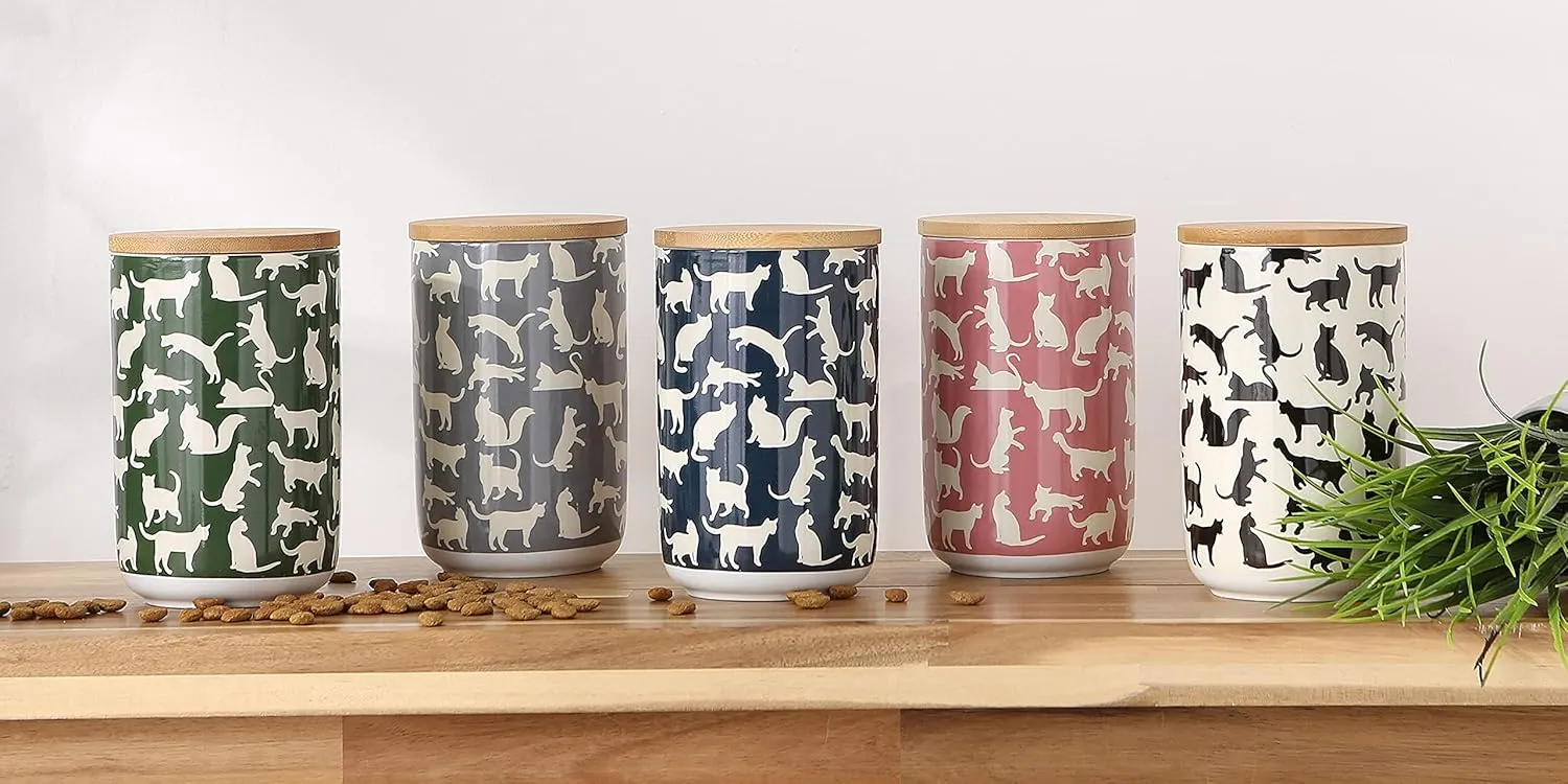 Bone Dry Ceramic Treat Jar for Cats and Dogs, Bamboo Lid, Dishwasher Safe Canister, 4x6.5, Navy, Cat Treats