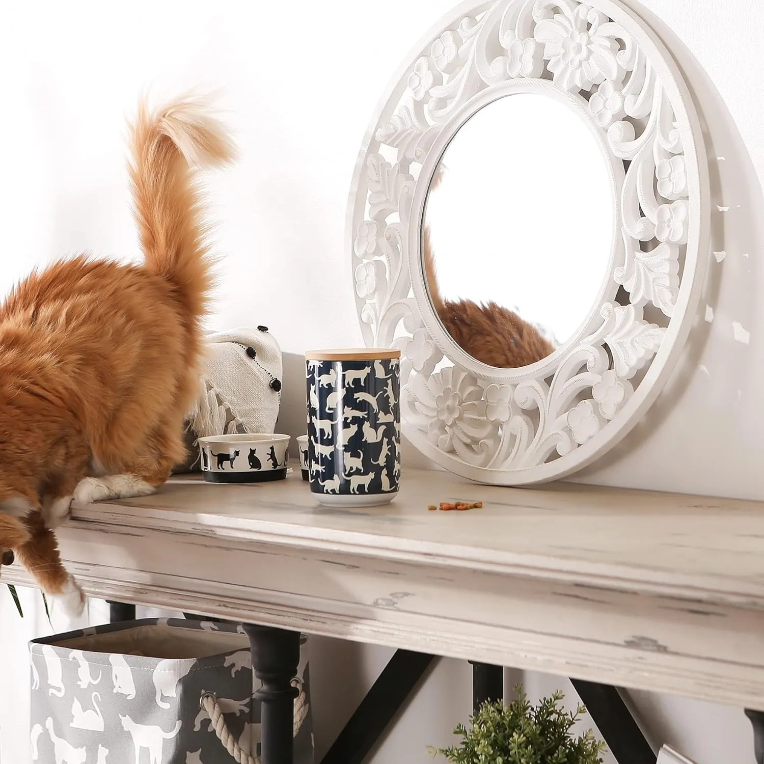 Bone Dry Ceramic Treat Jar for Cats and Dogs, Bamboo Lid, Dishwasher Safe Canister, 4x6.5, Navy, Cat Treats