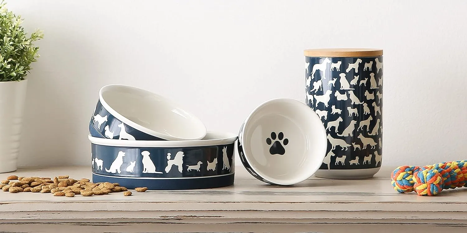 Bone Dry Ceramic Treat Jar for Cats and Dogs, Bamboo Lid, Dishwasher Safe Canister, 4x6.5, Navy, Cat Treats