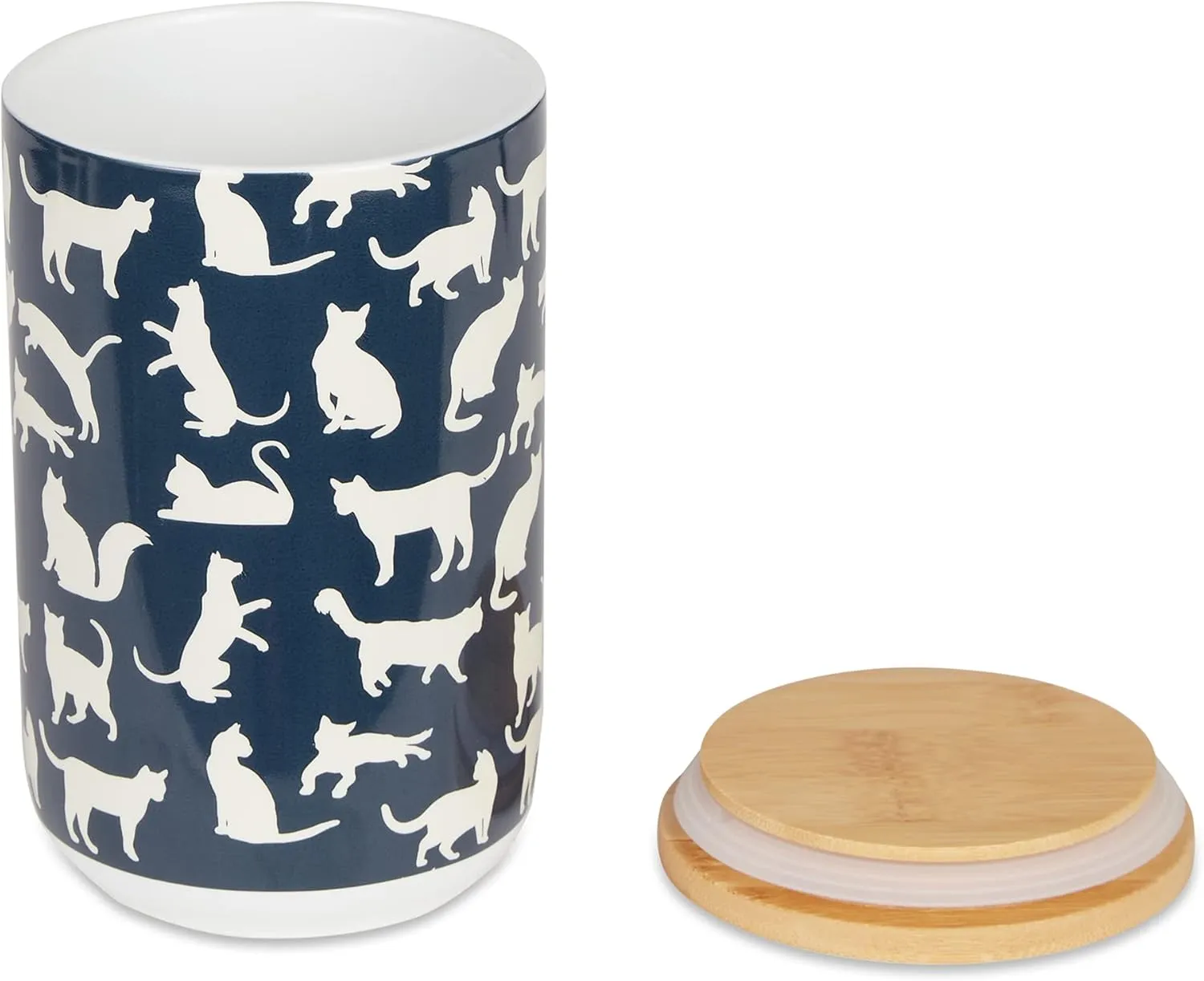 Bone Dry Ceramic Treat Jar for Cats and Dogs, Bamboo Lid, Dishwasher Safe Canister, 4x6.5, Navy, Cat Treats