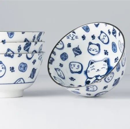Bowl Set 4pcs Maneki Cat Blue