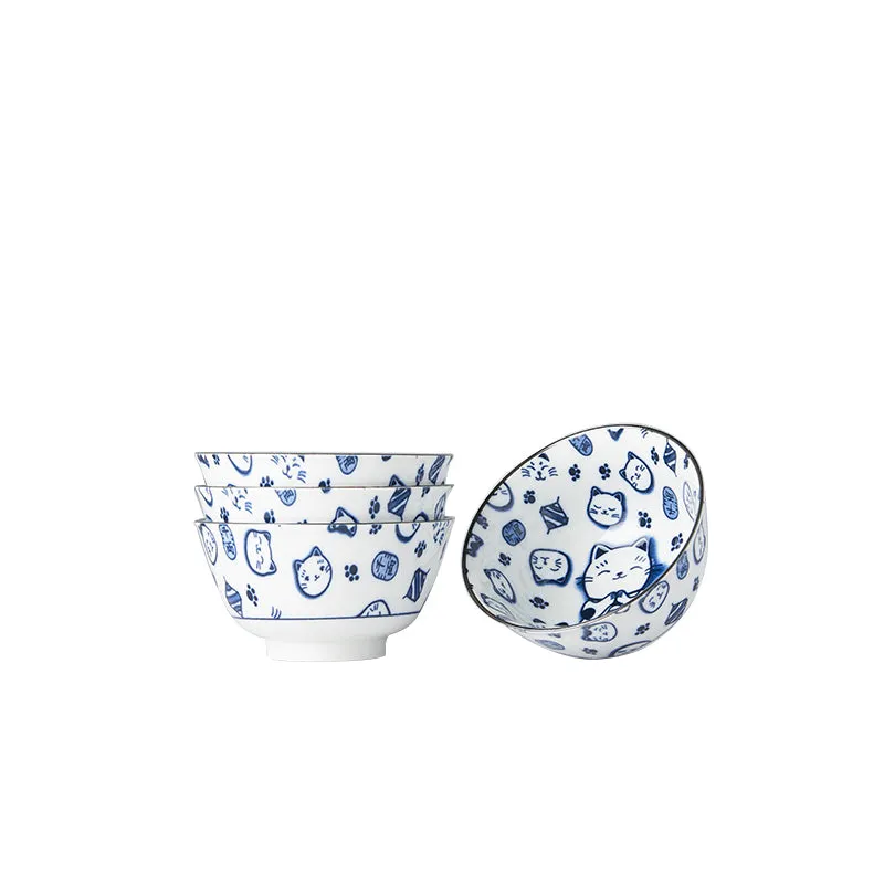 Bowl Set 4pcs Maneki Cat Blue