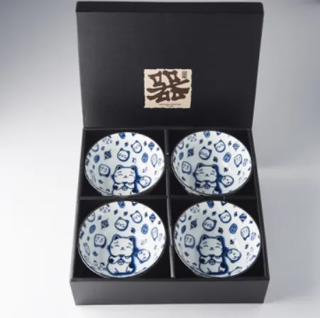 Bowl Set 4pcs Maneki Cat Blue