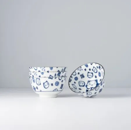 Bowl Set 4pcs Maneki Cat Blue