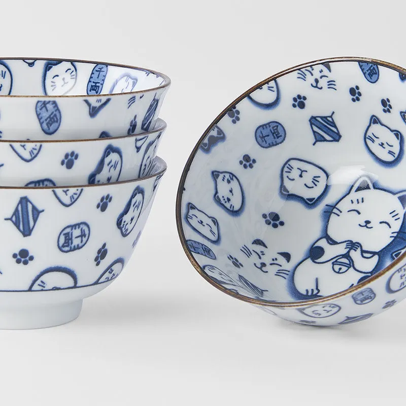 Bowl Set 4pcs Maneki Cat Blue