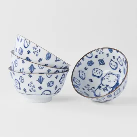 Bowl Set 4pcs Maneki Cat Blue