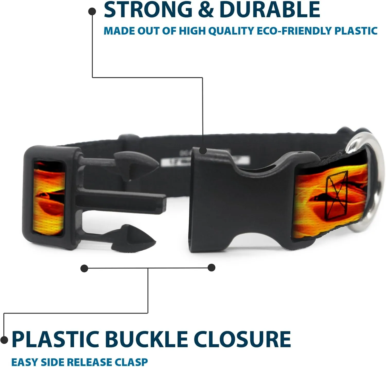 Buckle-Down Plastic Clip Collar - Flames Vivid Black/Orange - 1/2" Wide - Fits 9-15" Neck - Large