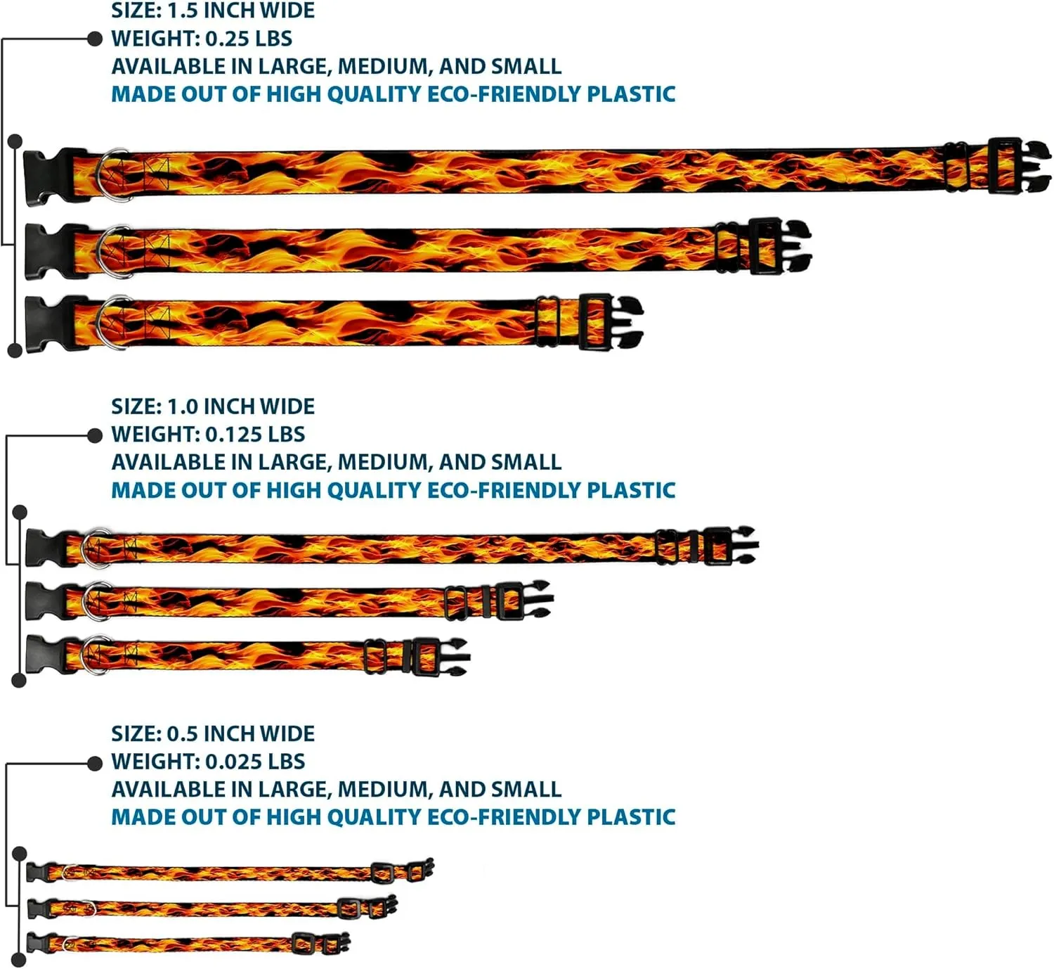 Buckle-Down Plastic Clip Collar - Flames Vivid Black/Orange - 1/2" Wide - Fits 9-15" Neck - Large