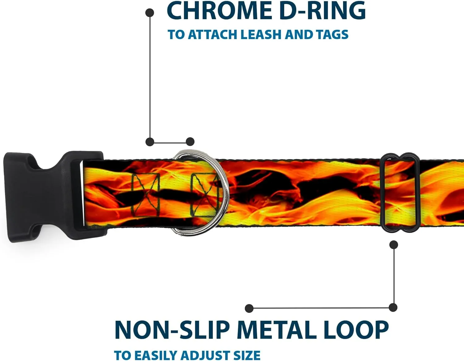 Buckle-Down Plastic Clip Collar - Flames Vivid Black/Orange - 1/2" Wide - Fits 9-15" Neck - Large