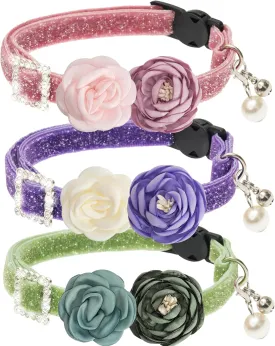 Cat Collars with Bell - 3 Pack Breakaway Floral Cute Cat Collars for Girl Boy Cats, Kitten, Puppy - Adjustable (7.5"-12.5") Soft Velvet Cat Collar Accessories