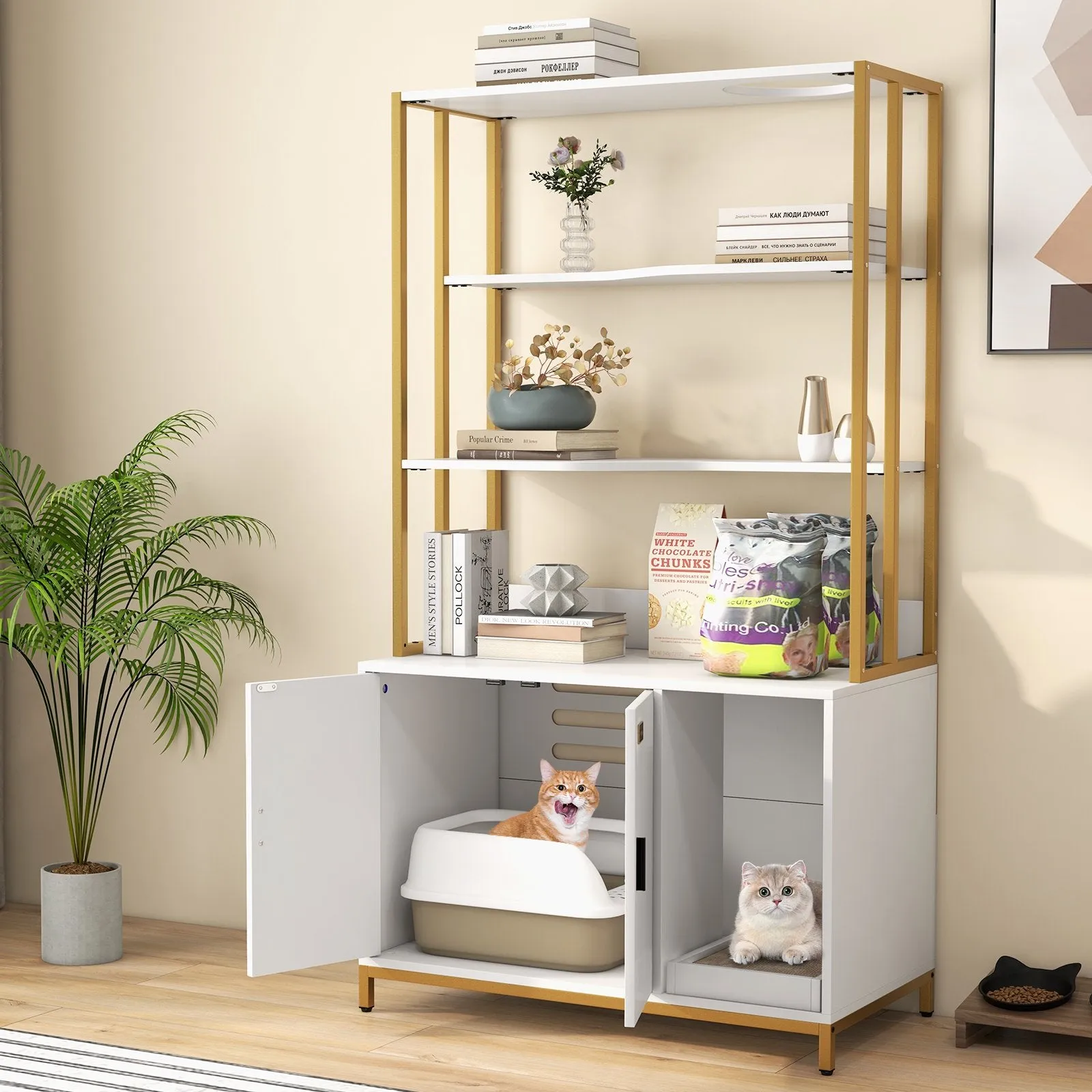 Cat Litter Box Enclosure with Storage and Shelves-White