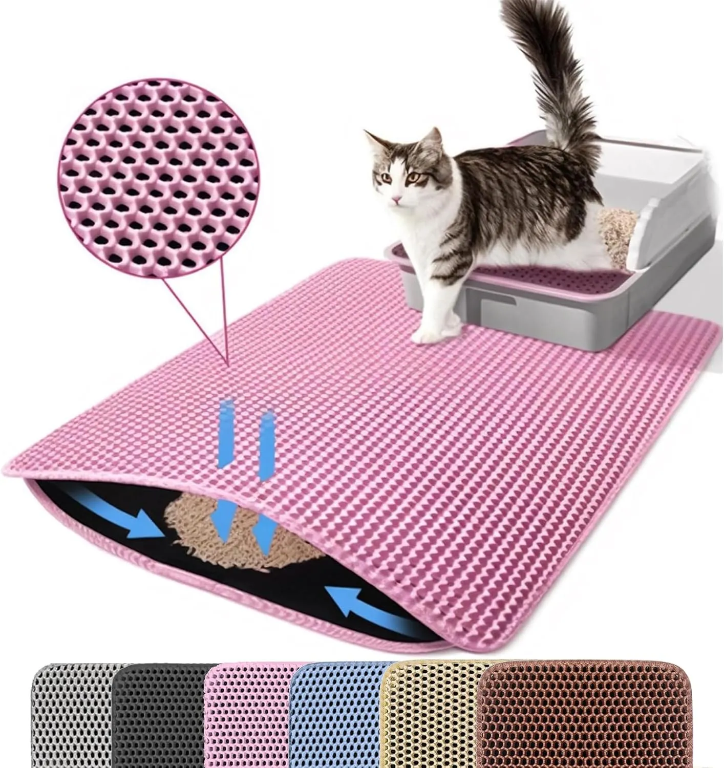 Cat Litter Mat, 24x18 Inches Large Double Layer Honeycomb Cat Litter Trapping Mat, Non Slip Waterproof Urine Proof Cat Litter Box Mat for Floor, Kitty Litter Rug, Cat Supplies, Pink