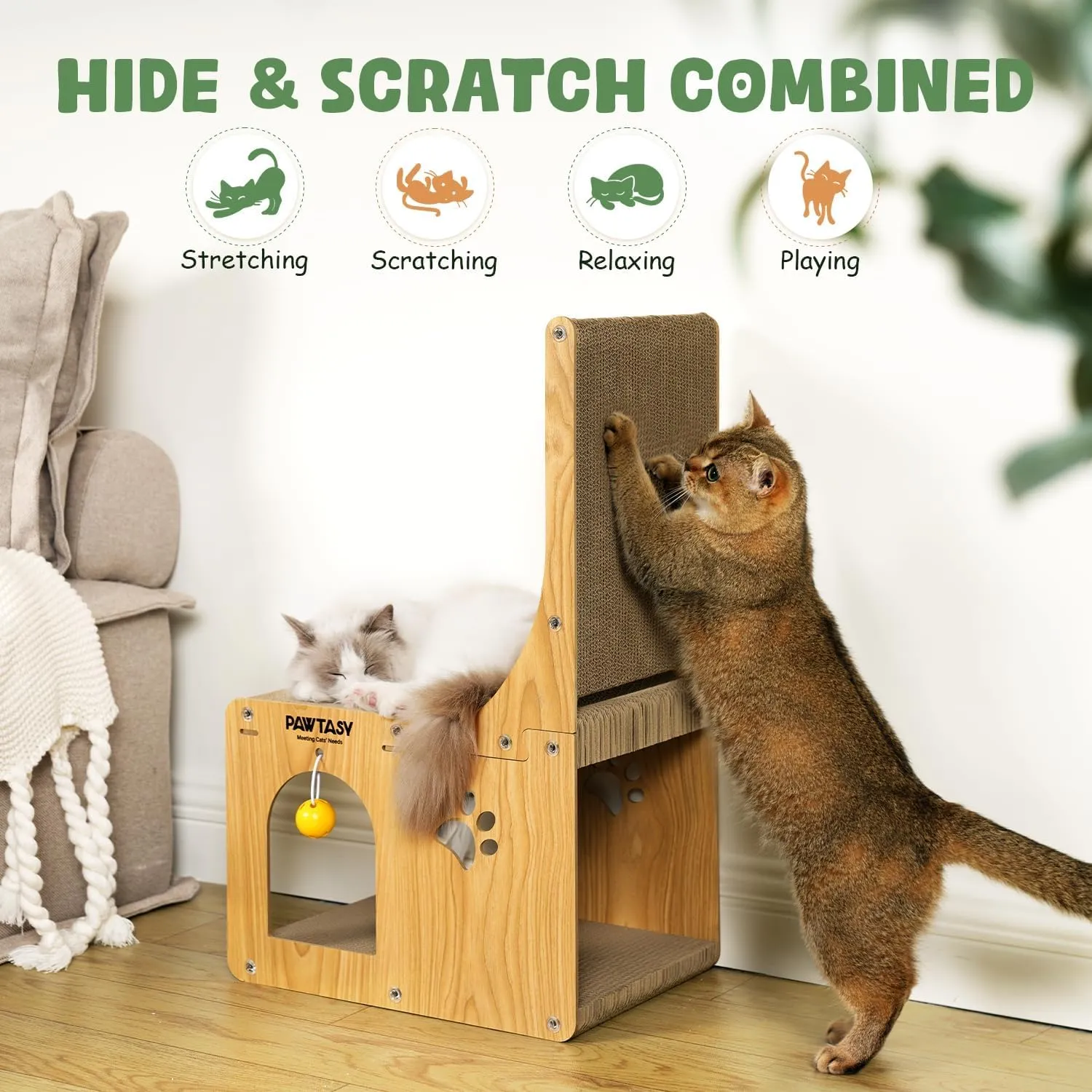 Cat Scratcher Pad for Indoor Cats, Cardboard Scratching Post Vertical Cat Scratch House, Kitten Scratching Board Box with Ball Toy, Ideal for Cat to Scratch, Rest and Play