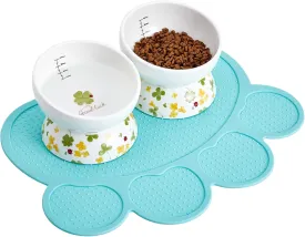 Ceramic Elevated Cat Food and Water Bowls - 2 Pack Small Dog Feeding Set With Tilted Design and Anti-Slip Silicone Mat