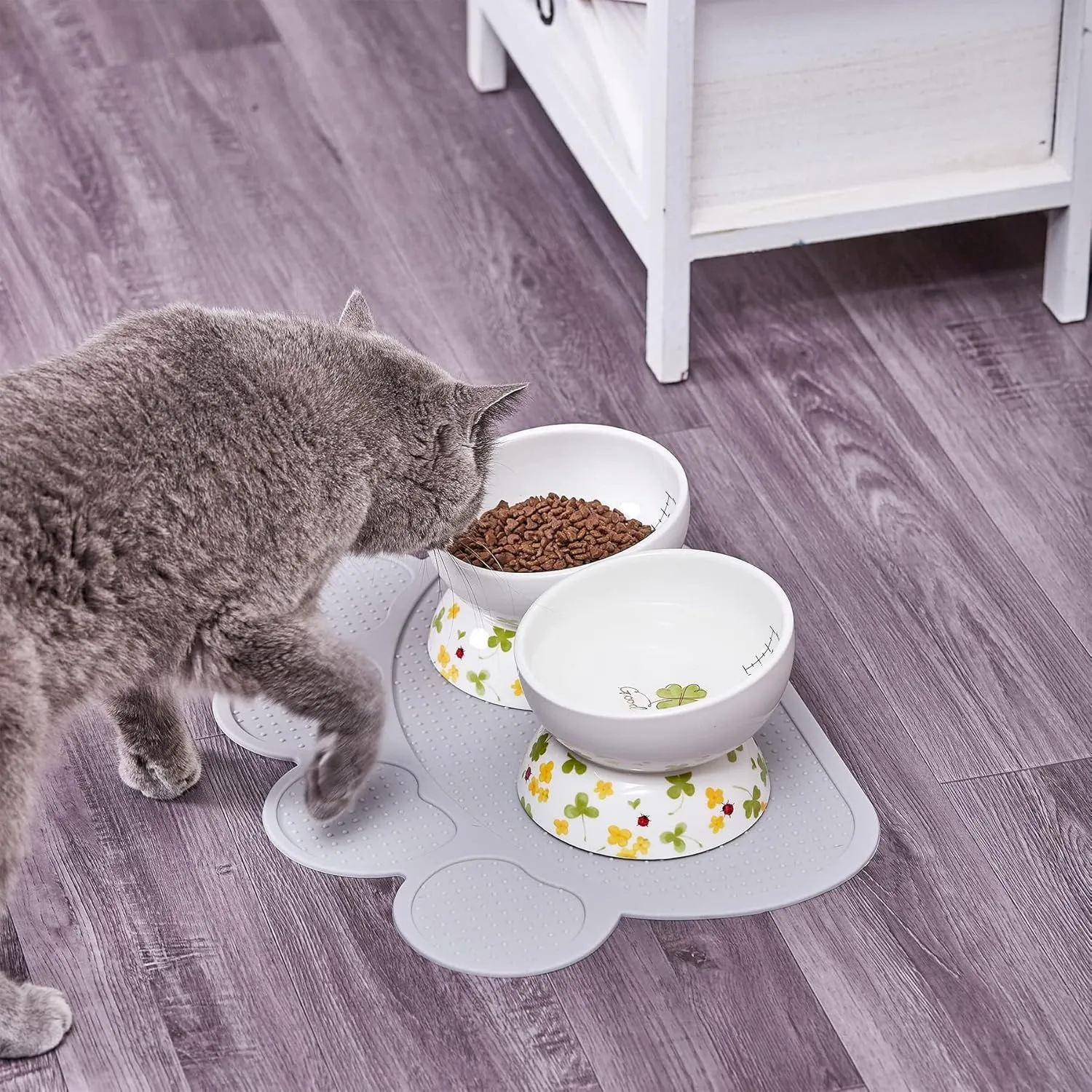 Ceramic Elevated Cat Food and Water Bowls - 2 Pack Small Dog Feeding Set With Tilted Design and Anti-Slip Silicone Mat