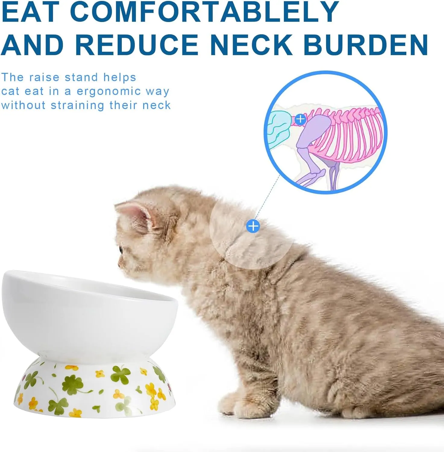 Ceramic Elevated Cat Food and Water Bowls - 2 Pack Small Dog Feeding Set With Tilted Design and Anti-Slip Silicone Mat