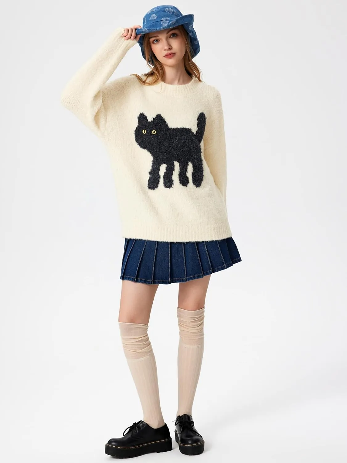 CIDER Womens Cat Sweater Long Sleeve Crew Neck Fun Graphic Cute Patterned Pullover Sweater Tops