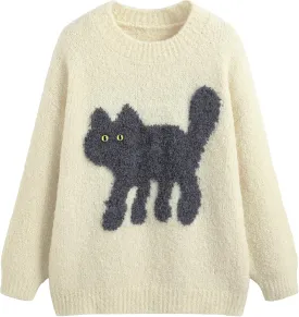 CIDER Womens Cat Sweater Long Sleeve Crew Neck Fun Graphic Cute Patterned Pullover Sweater Tops