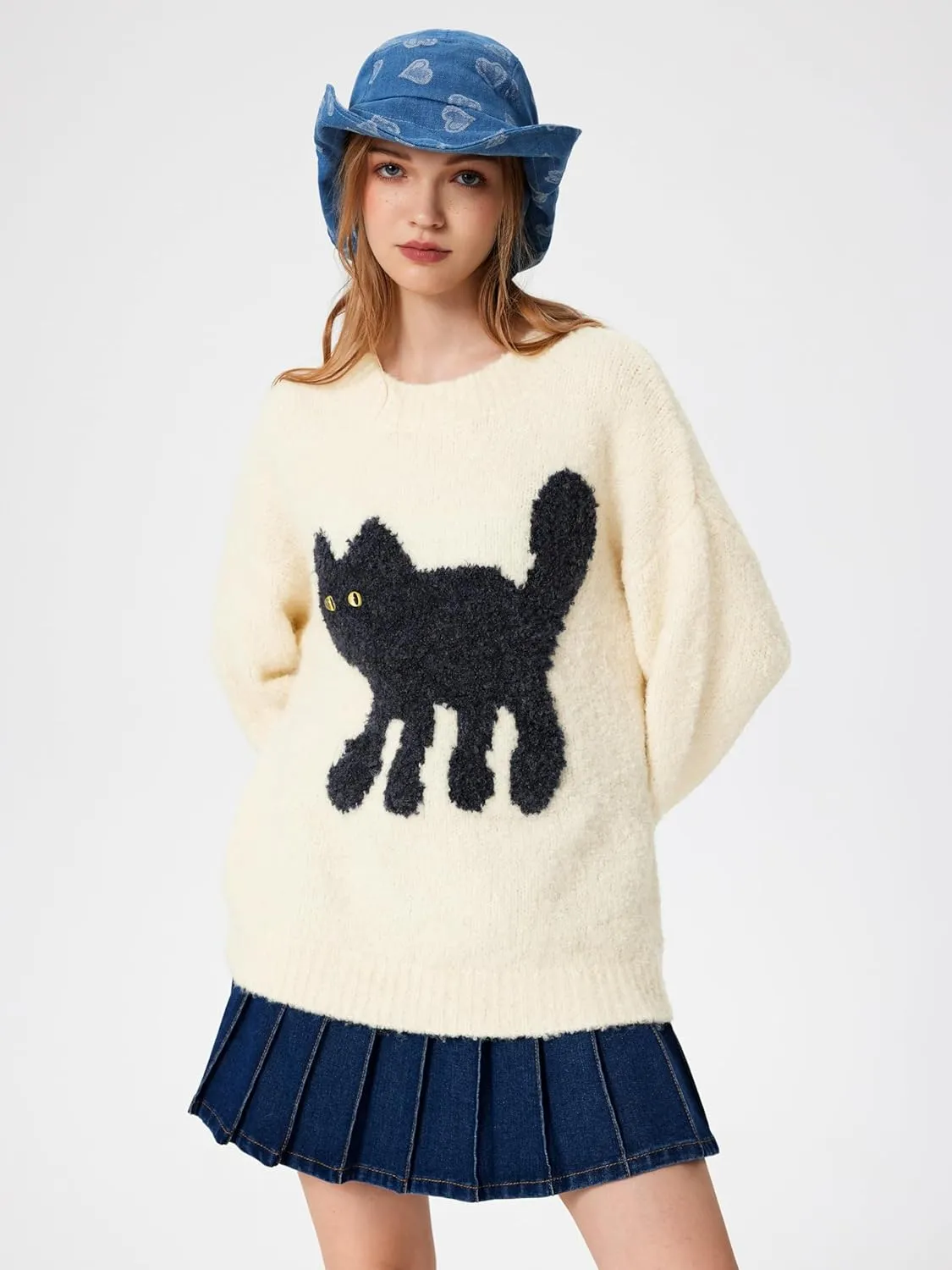 CIDER Womens Cat Sweater Long Sleeve Crew Neck Fun Graphic Cute Patterned Pullover Sweater Tops