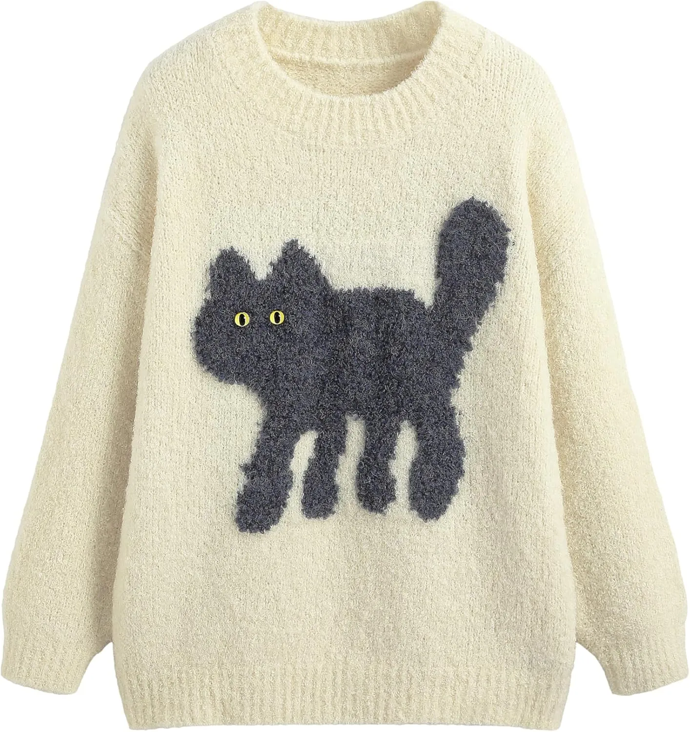 CIDER Womens Cat Sweater Long Sleeve Crew Neck Fun Graphic Cute Patterned Pullover Sweater Tops