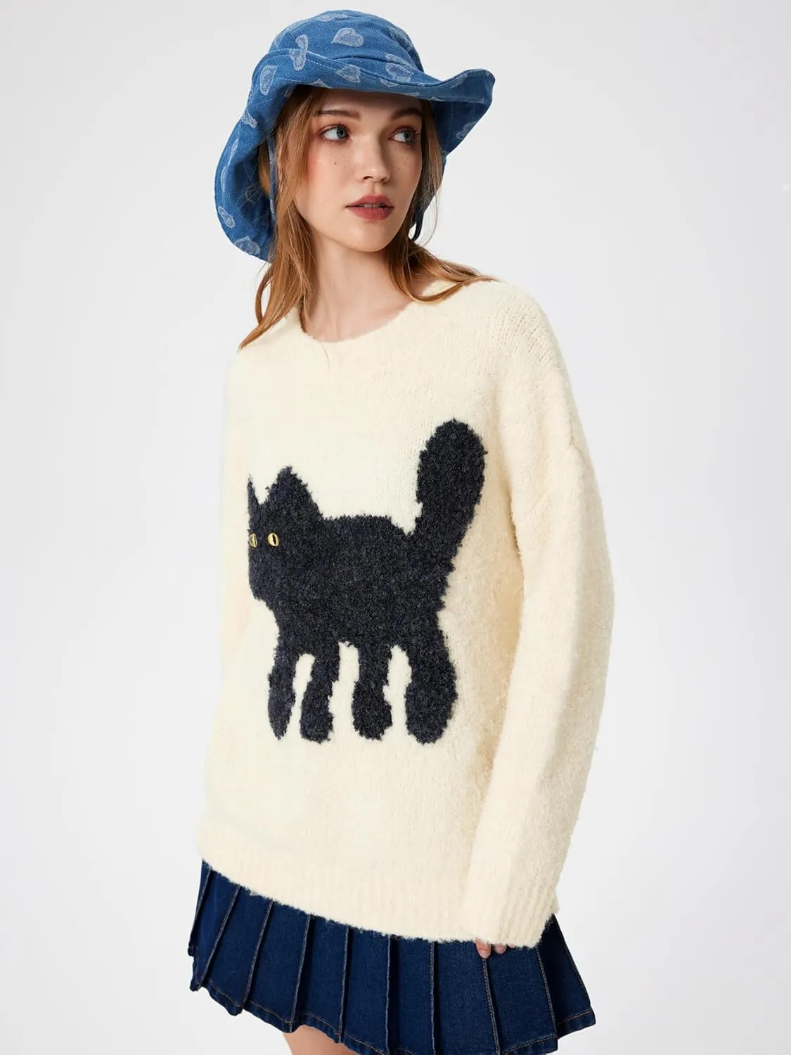 CIDER Womens Cat Sweater Long Sleeve Crew Neck Fun Graphic Cute Patterned Pullover Sweater Tops