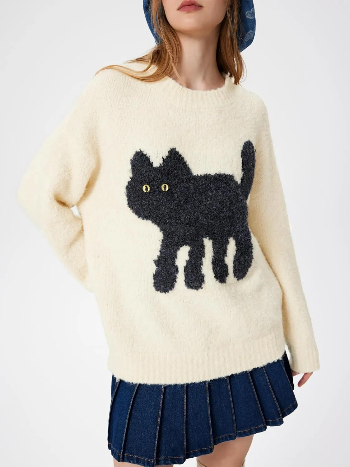 CIDER Womens Cat Sweater Long Sleeve Crew Neck Fun Graphic Cute Patterned Pullover Sweater Tops