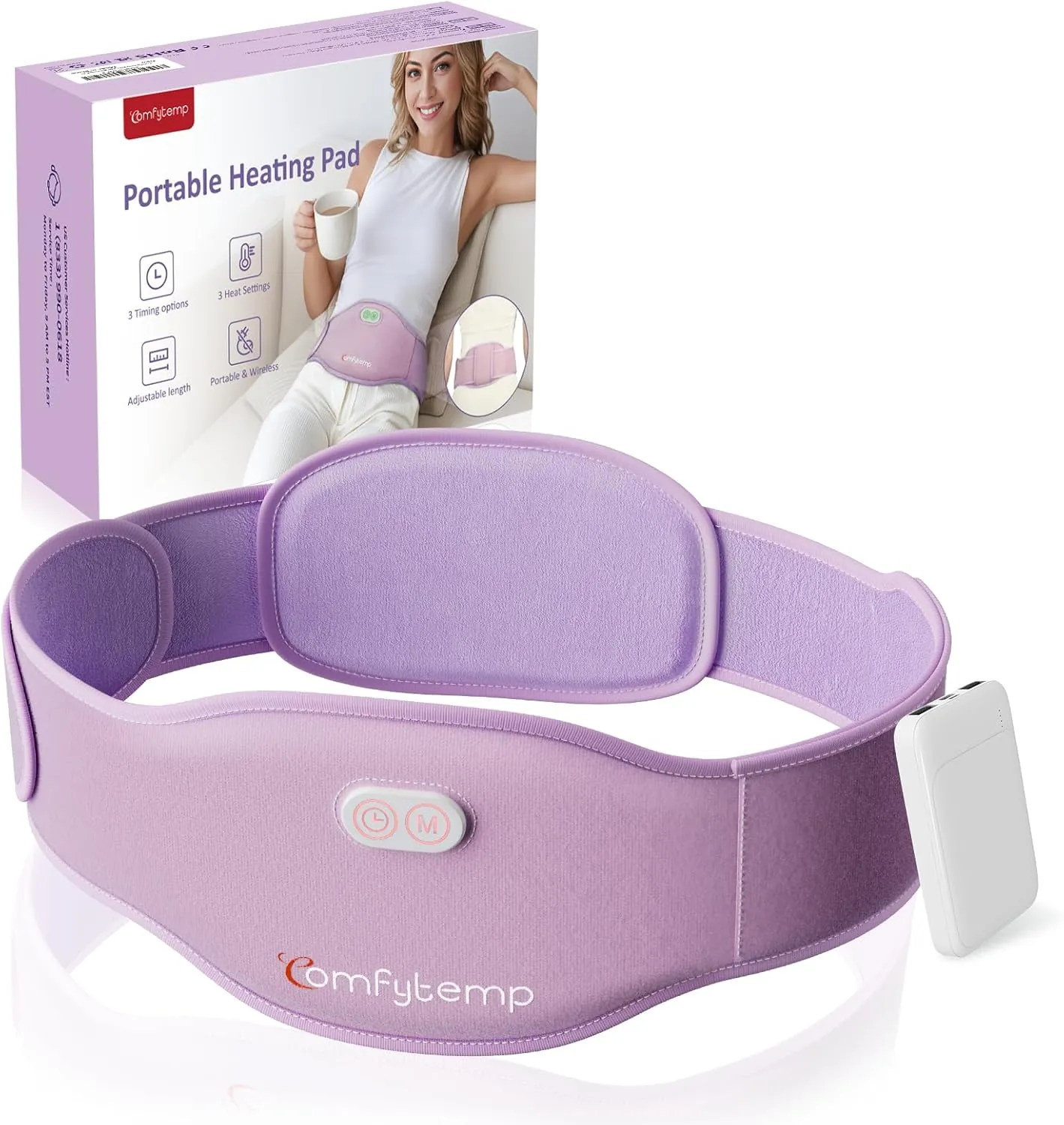 Comfytemp Portable Belly and Back Heating Pad for Period Cramps Pain Relief, Cordless Dual-Zone Menstrual Abdomen Waist Belt FSA HSA Eligible, Gift for Women Girl Mom, 3 Timer 3 Heat (No Massage)