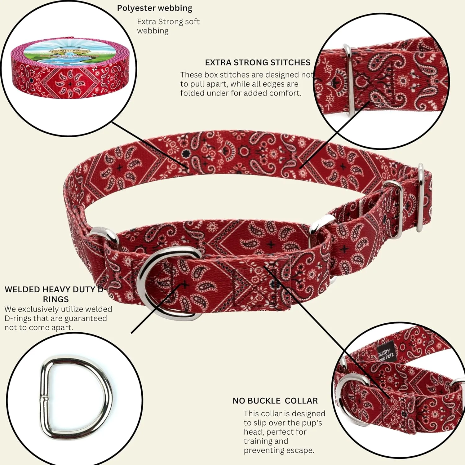Country Brook Petz - Red Bandana Martingale Dog Collar - Country and Western Collection with 8 Rustic Designs (1 1/2 Inch, Large)
