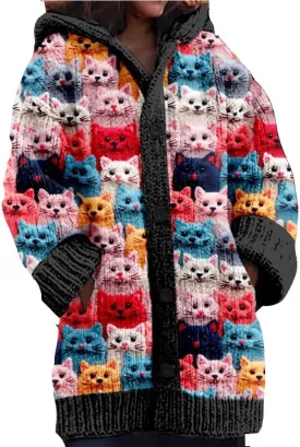 Cute Cat Pattern Knit Hooded Cardigan Cat Sweaters For Women Plus Size Cat Cardigan For Women Lover Gift