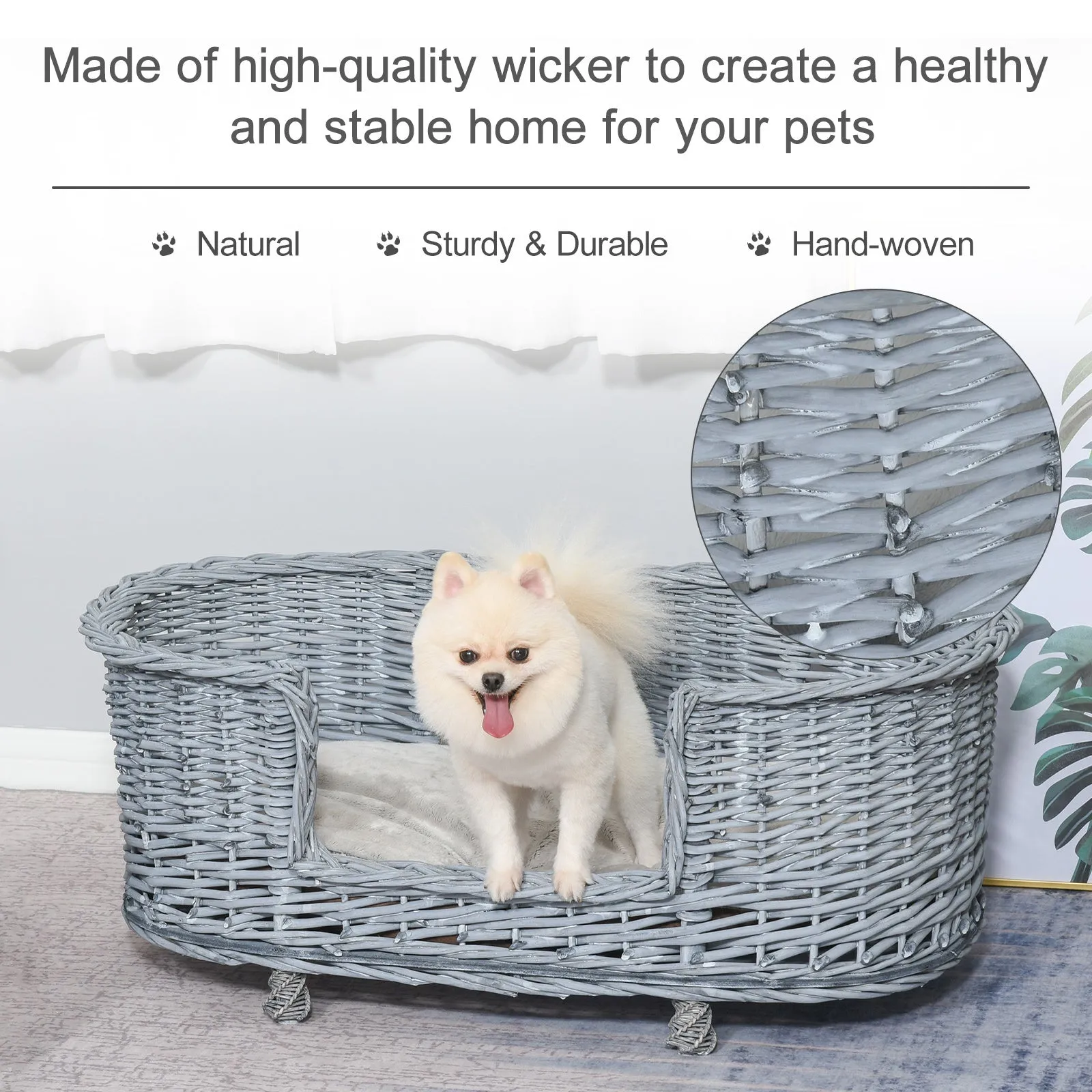 Dog Bed Basket Pet Sofa Cat Wiker Furniture Elevated Base w/ Soft Cushion