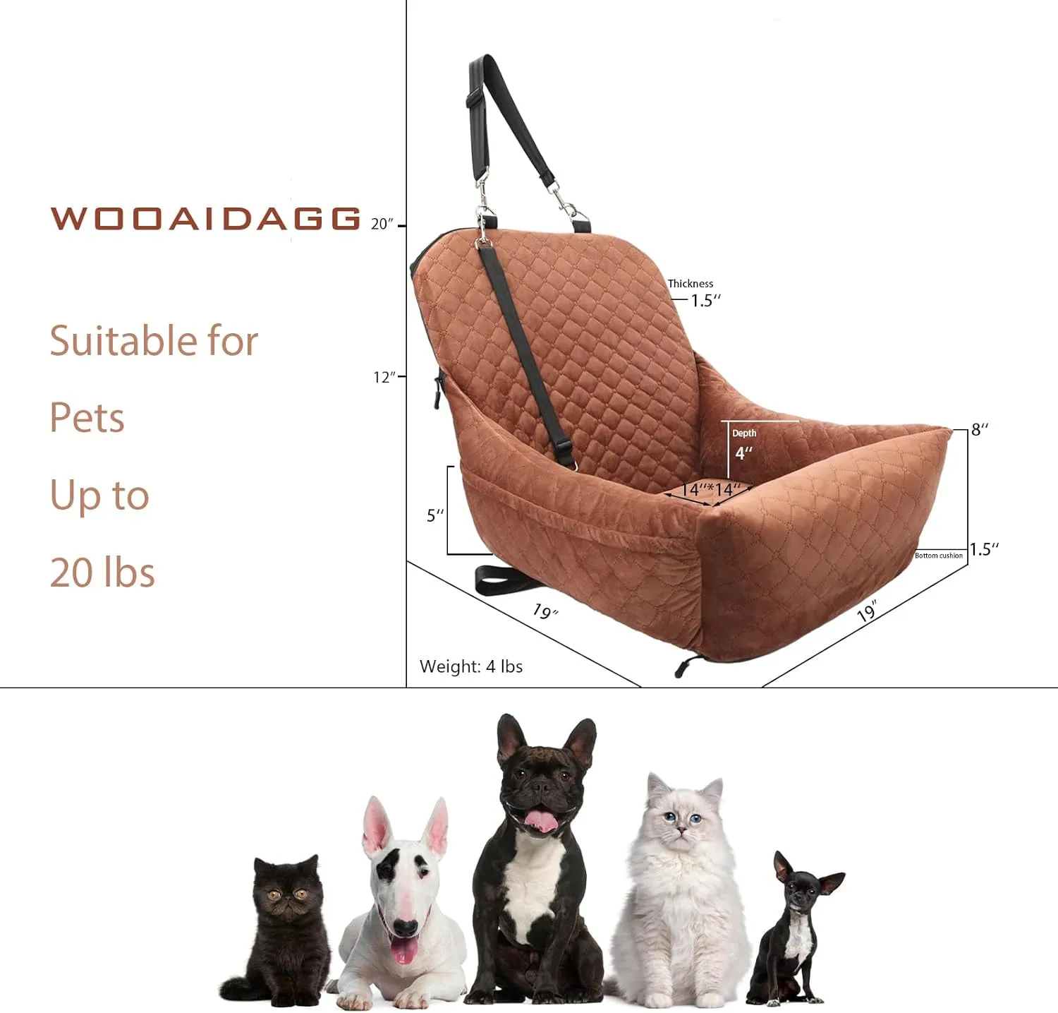Dog Car Seat for Small Dogs,Easy to Assemble,Comfy Cushion Fill in Memory Foam,2 Clip-On Safety Leashes and Storage Pockets,Detachable and Washable (Brown)