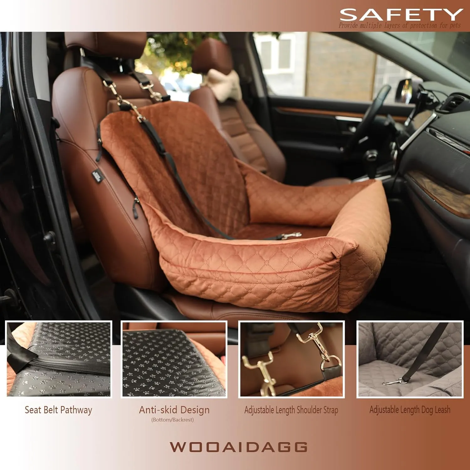 Dog Car Seat for Small Dogs,Easy to Assemble,Comfy Cushion Fill in Memory Foam,2 Clip-On Safety Leashes and Storage Pockets,Detachable and Washable (Brown)