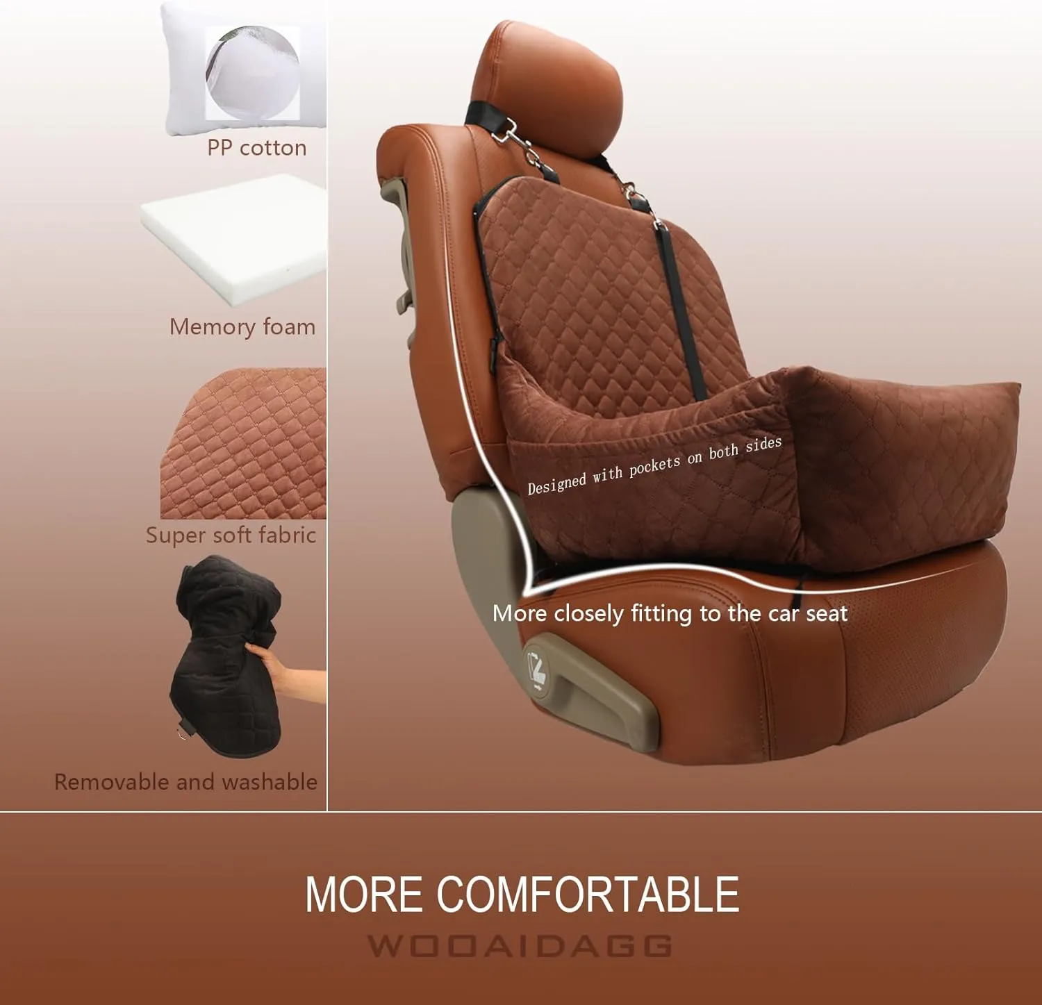 Dog Car Seat for Small Dogs,Easy to Assemble,Comfy Cushion Fill in Memory Foam,2 Clip-On Safety Leashes and Storage Pockets,Detachable and Washable (Brown)