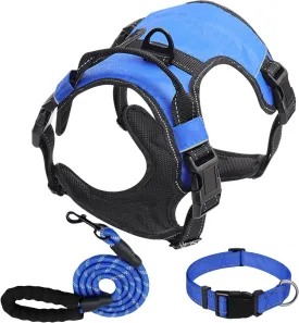 Dog Harness Set, No Pull Dog Vest Harness and 5ft Leash & Collar for Small Medium Sized Large Dog Cat,Adjustable Soft Nylon Padded Dog Vest Reflective Front Clip Vest with Easy Handle -Blue S