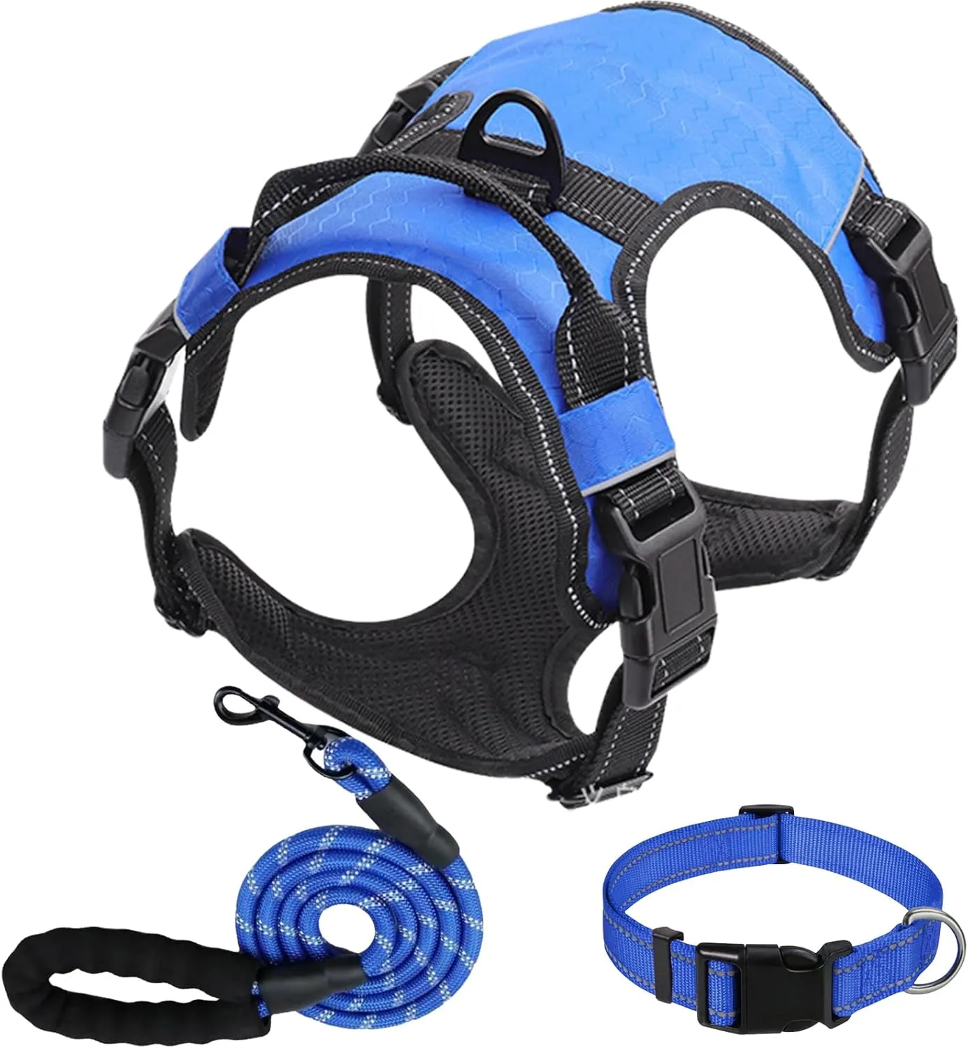 Dog Harness Set, No Pull Dog Vest Harness and 5ft Leash & Collar for Small Medium Sized Large Dog Cat,Adjustable Soft Nylon Padded Dog Vest Reflective Front Clip Vest with Easy Handle -Blue S