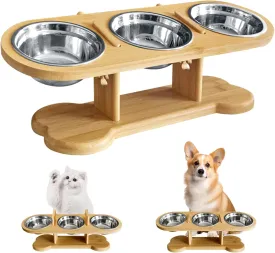 Elevated Dog Bowls for Small Dogs, 15 Tilted Raised Dog Bowl with Stand, Height Adjustable Cat Food Bowl with 3 Stainless Steel Bowls, Bamboo Pet Feeding Station for Cats and Small Dogs